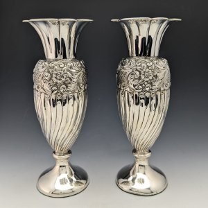 1902年 英国アンティーク 純銀製 大型花瓶ペア 計602g Walker＆Hall