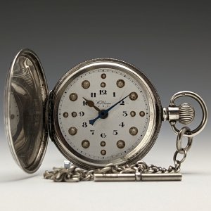 1918年 米国アンティーク ウォルサム懐中時計 P.S. Bartlett 銀側ハンター 点字ダイヤル チェーン付き ジャンク