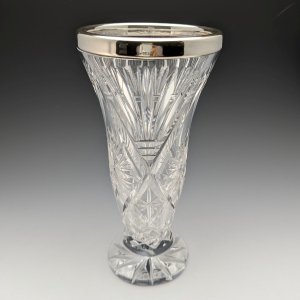 英国ヴィンテージ カットガラス 大型花瓶 純銀装飾 1173g