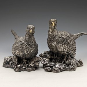 英国カントリーアーティスト社 キジの夫婦 純銀張り彫刻 フィギュリン 850g