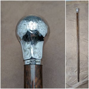 1921年 英国アンティーク 紳士用ステッキ 杖 純銀ポンメルハンドル 92cm