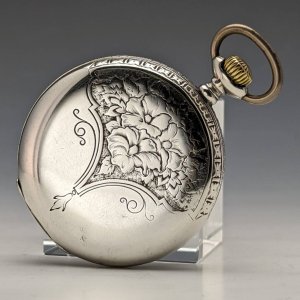 スイス製 アンティーク レオニダス 懐中時計 花彫刻 銀側ハンターケース 動作良好