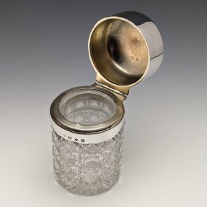 1896年 英国アンティーク 純銀蓋 カットグラスジャー 300g