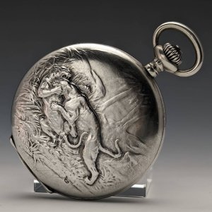 1910年頃 アンティーク ユリス・ナルダン 懐中時計 猛獣彫刻 銀側ハンターケース 動作良好