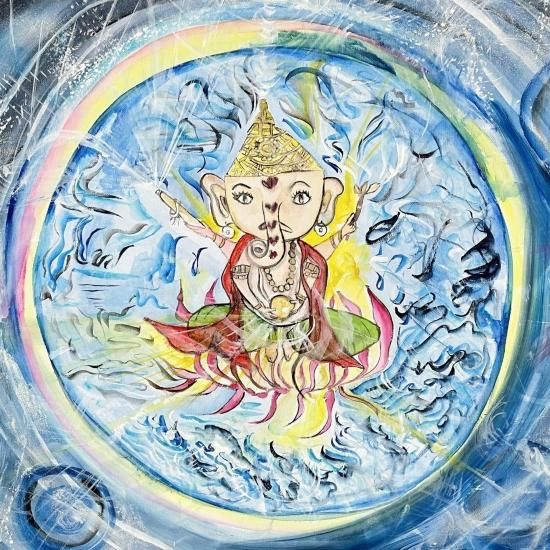 【インパクトアート/F4号】ガネーシャ【現代アート/金運】 夢を叶える！」ガネーシャアート「セブンチャクラガネーシャ