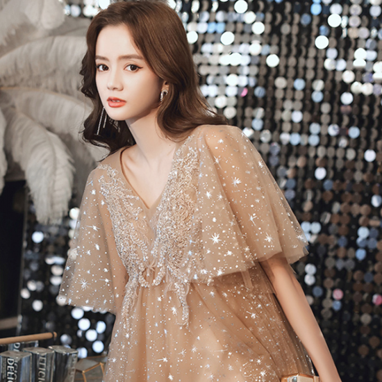 パーティドレス シャンパンゴールド レース 半袖　ロングドレス 結婚式 raita Aラインドレス ゴールド XS S M L XL XXL XXXL 即日発送
