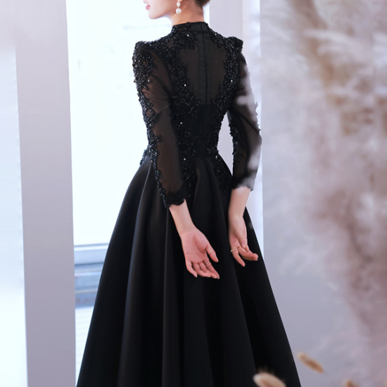 ドレス ロング スパンコール 黒 ハイネック パーティー 結婚式 ドレス 気品 メッシュ サテン ロング丈 ハイネック スパンコール