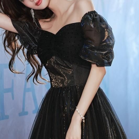 ドレス ワンピース ロング丈 ブラック 黒 光沢 オフショルダー ハイ