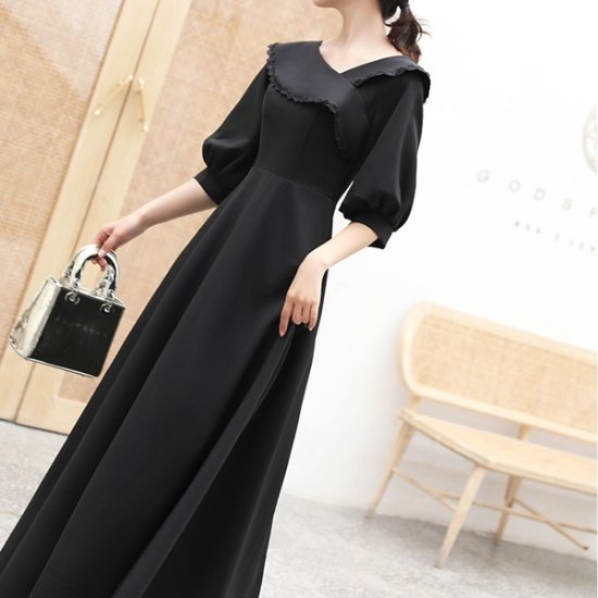 ドレス イブニングドレス 黒 ブラック ワンピース ロング 7部袖