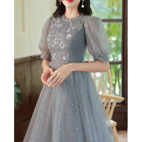 ドレス フレア パフスリーブ 花柄 レース 青 パーティー 結婚式 &Robu. ドレス パフスリーブ花柄刺繍レースドレス フォーマル