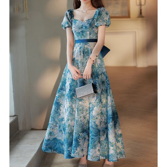 ドレス ワンピース ロングドレス 花柄 ブルー レトロ リボン