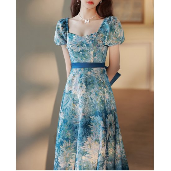 ドレス ワンピース ロングドレス 花柄 ブルー レトロ リボン 