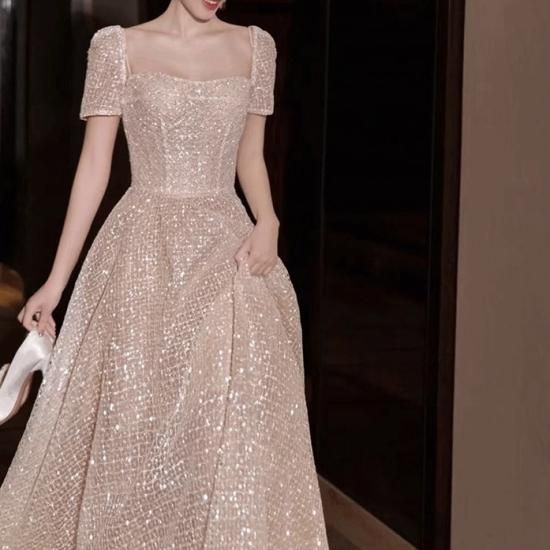 ドレス ロングドレス ビジュー 煌めき シャンパンカラー