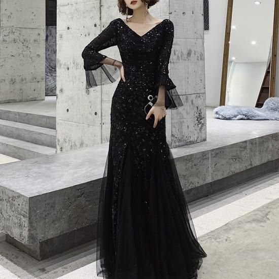 ドレス ロングドレス 刺繍 ビジュー 煌めき Vネック 長袖 フレア