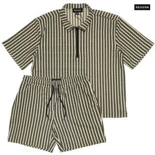 【送料無料】REASON CLOTHING JACQUARD KNIT STRIPED SET UP【OLIVE】