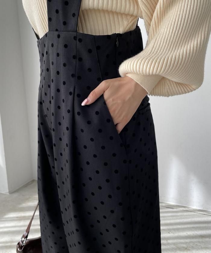 【美品】YURK　フロッキー ドット柄 オールインワン サロペット グレージュ 美品】YURK フロッキー ドット柄 オールインワン サロペット