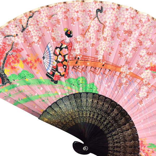 飾り京扇子 サテン扇子/桜金閣に舞妓 ピンク/29cm Z402 - itotsune 飾り京扇子 サテン扇子/桜金閣に舞妓 ピンク/29cm Z402 - itotsune
