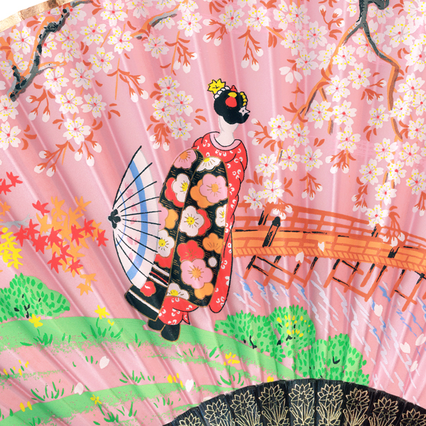 飾り京扇子 サテン扇子/桜金閣に舞妓 ピンク/29cm Z402 - itotsune 飾り京扇子 サテン扇子/桜金閣に舞妓 ピンク/29cm Z402 - itotsune