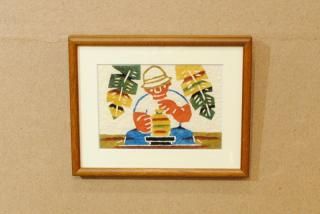 型染絵 干支 猿 額縁 民藝