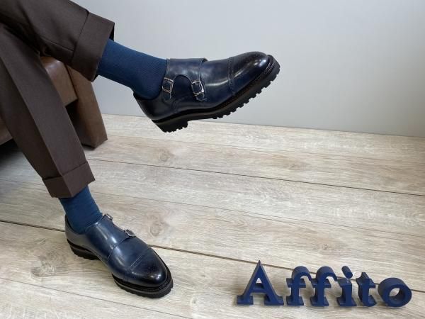 Affito】ダブルモンク ビブラムソール ネイビー ビジネスシューズ 日本