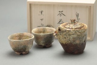 鬼萩茶器セットG(茶器+碗2)木箱付・黒田岳