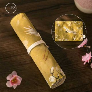 ロールペンケース 中国古風筆袋 黄色（鶴の舞）メイクブラシ入れ 筆入れ