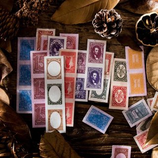 和紙 ヴィンテージ風 レトロ 切手 スタンプ ロング シール ブック モノクロ 2色 30ページ（5柄×6ページ）計150枚「秋の旅路」全8種