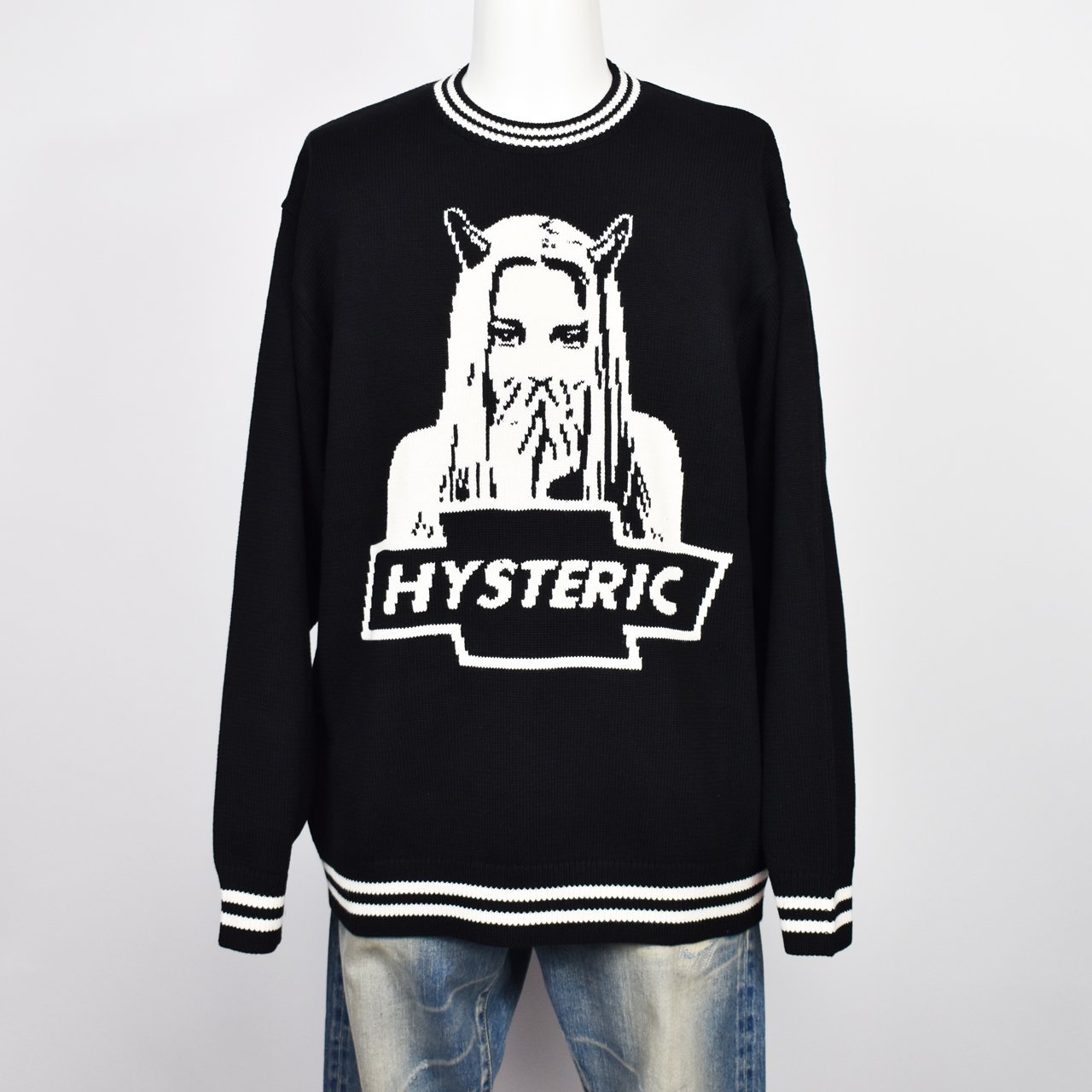 <img class='new_mark_img1' src='https://img.shop-pro.jp/img/new/icons5.gif' style='border:none;display:inline;margin:0px;padding:0px;width:auto;' />HYSTERIC GLAMOUR (ヒステリックグラマー)｜DEVIL MADE ME DO IT編込 セーター ブラック