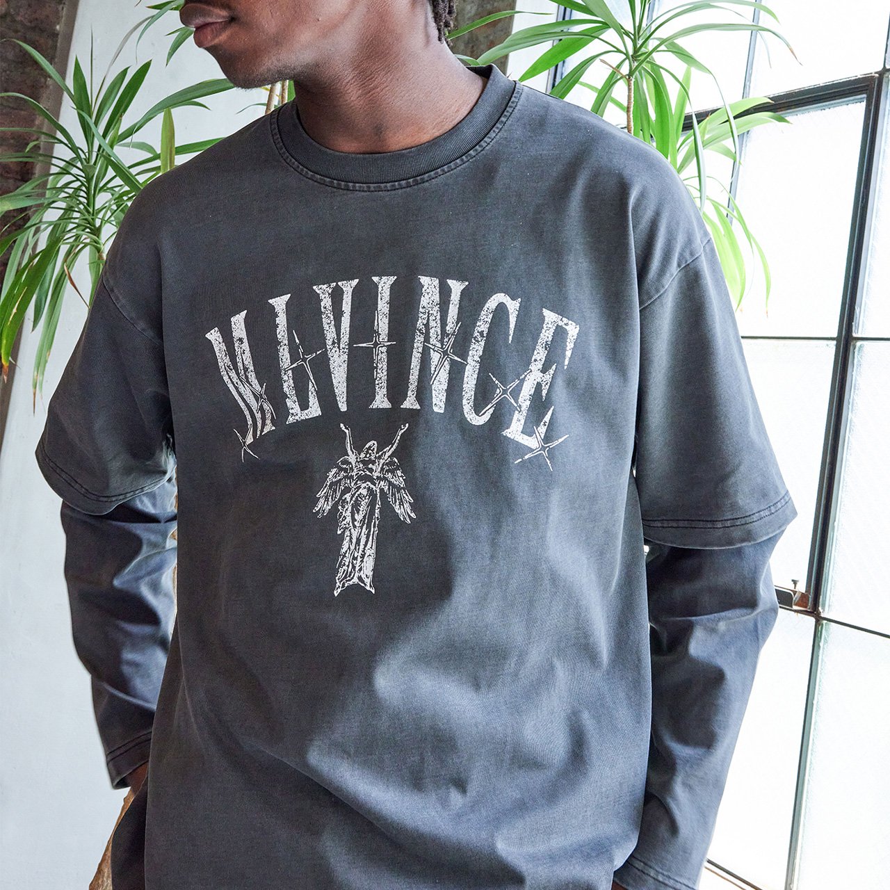 MLVINCE (メルヴィンス) | SEVEN STARS LAYERED L/S TEE WASHED BLACK