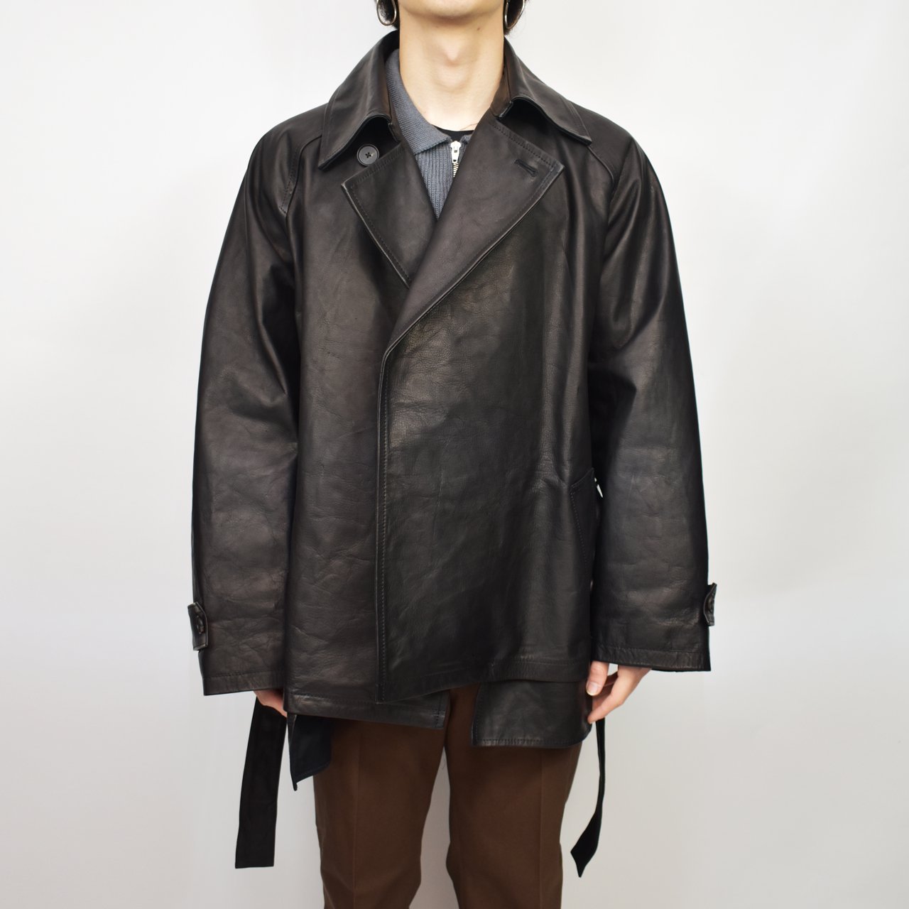 Blanc YM (֥磻)Leather Short Trench Coat Black