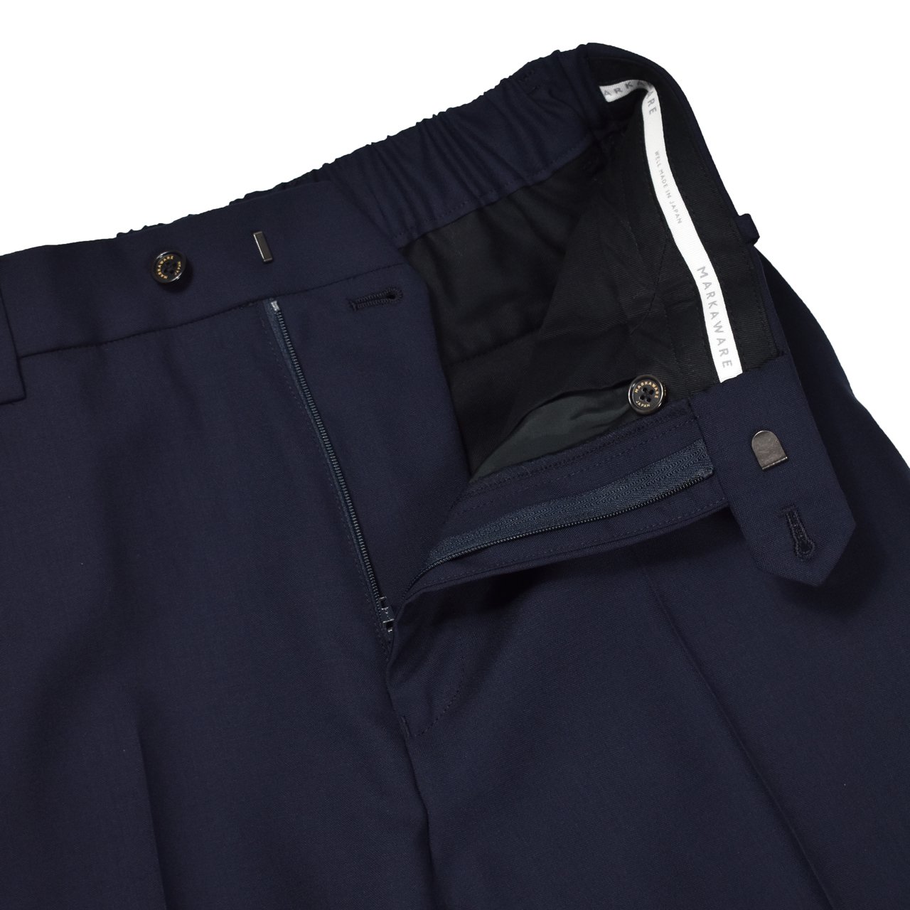<img class='new_mark_img1' src='https://img.shop-pro.jp/img/new/icons5.gif' style='border:none;display:inline;margin:0px;padding:0px;width:auto;' />MARKAWARE (ޡ)FLAT FRONT FLARE TROUSERS NAVY -ORGANIC WOOL TROPICAL-