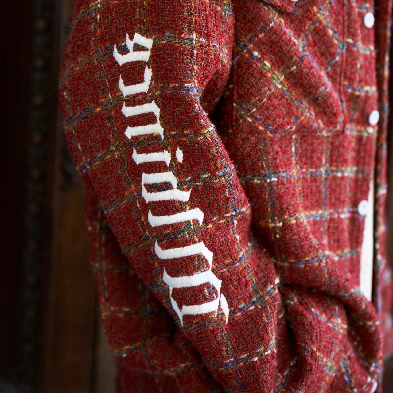 MLVINCE () | EMBROIDERY CHECK TWEED SHIRTS RED