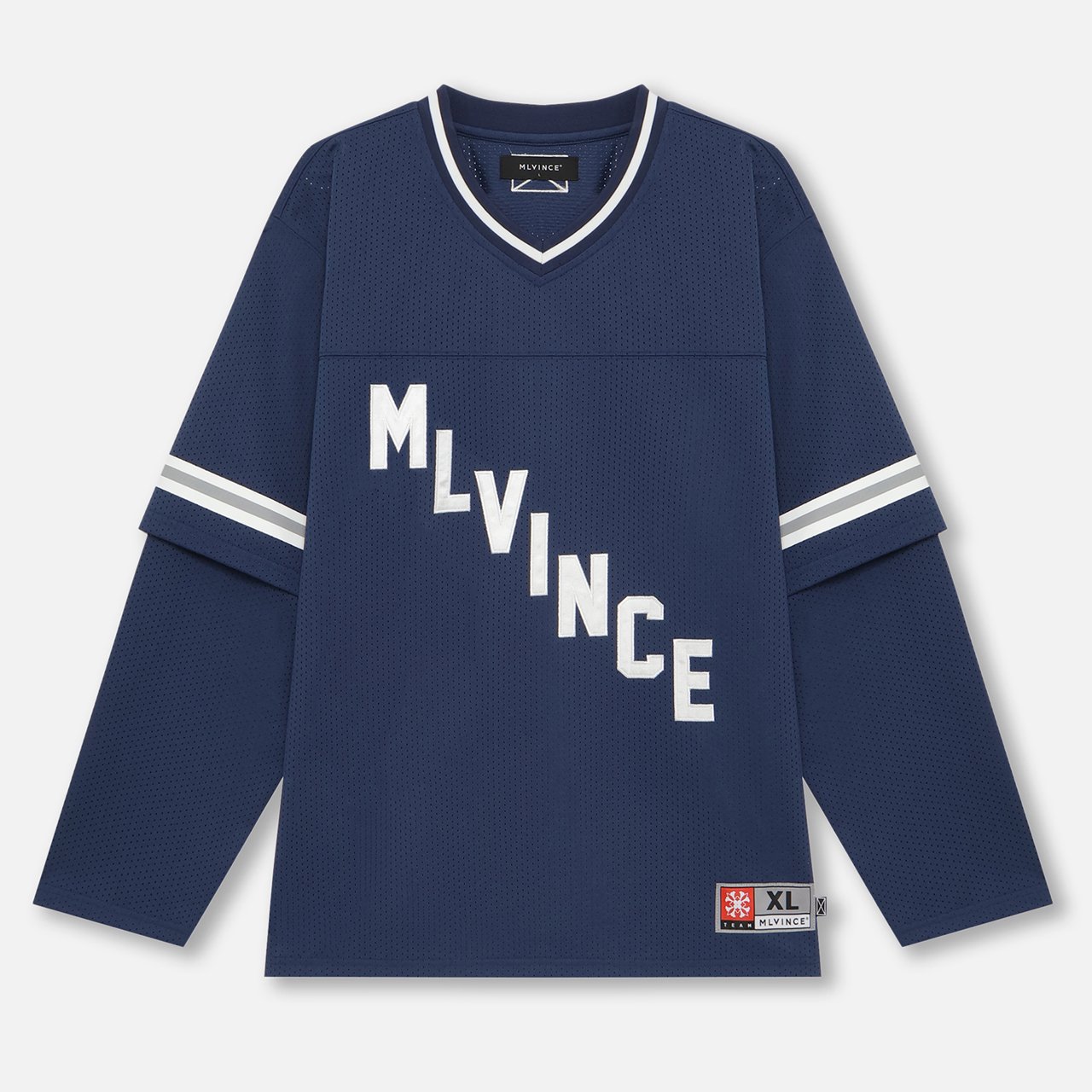 <img class='new_mark_img1' src='https://img.shop-pro.jp/img/new/icons5.gif' style='border:none;display:inline;margin:0px;padding:0px;width:auto;' />MLVINCE () | LAYERED L/S FOOTBALL SHIRT NAVY