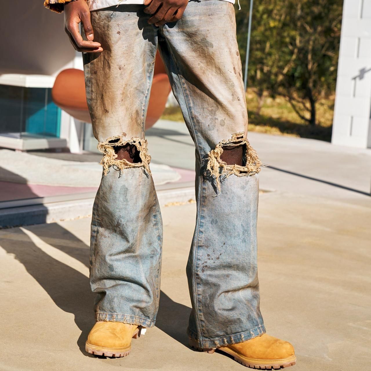 <img class='new_mark_img1' src='https://img.shop-pro.jp/img/new/icons5.gif' style='border:none;display:inline;margin:0px;padding:0px;width:auto;' />MLVINCE () | DISTRESSED FLARE JEANS FADE INDIGO