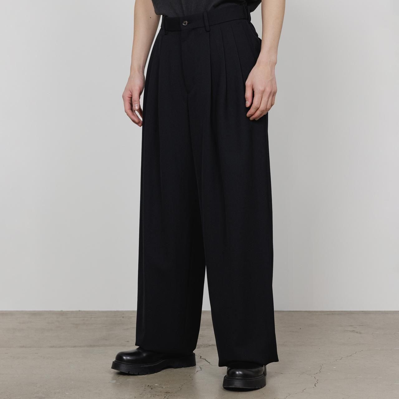 ͽ MARKAWARE (ޡ)TRIPLE PLEATED WIDE TROUSERS BLACK -ORGANIC WOOL SURVIVAL CLOTH-
