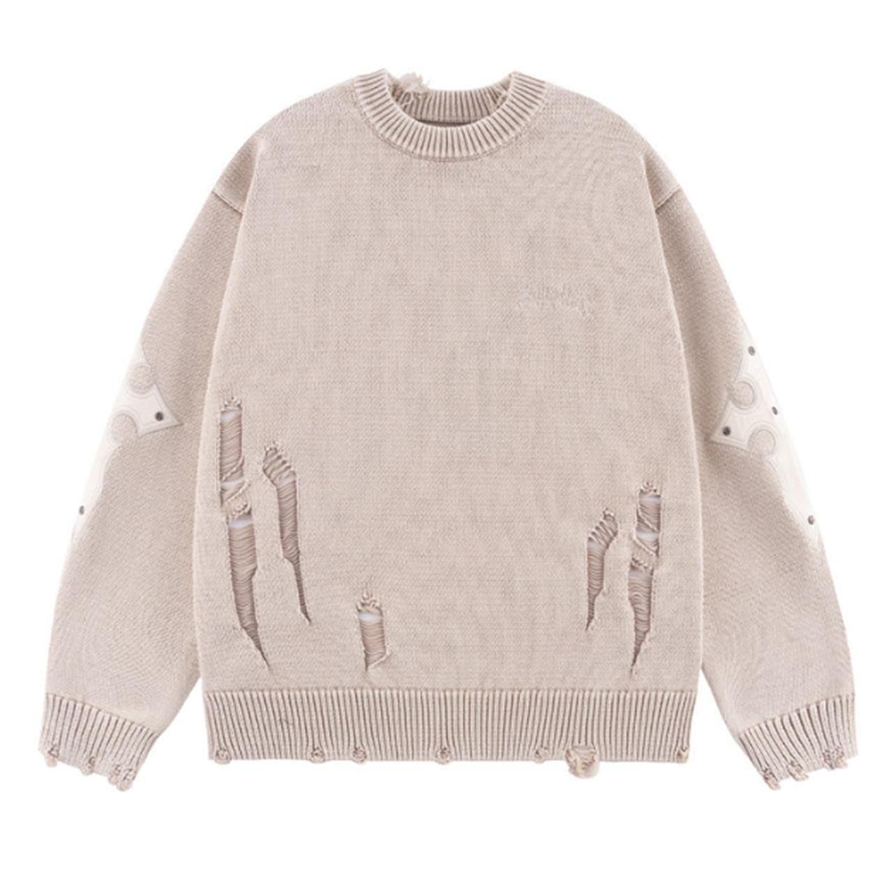 SUPPLIER (ץ饤䡼)Distressed Cross Leather Patch Crew Knit V2 Beige
