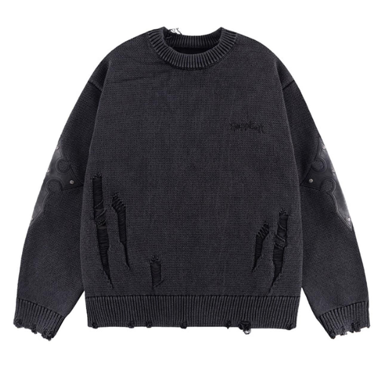<img class='new_mark_img1' src='https://img.shop-pro.jp/img/new/icons5.gif' style='border:none;display:inline;margin:0px;padding:0px;width:auto;' />SUPPLIER (ץ饤䡼)Distressed Cross Leather Patch Crew Knit V2 Black