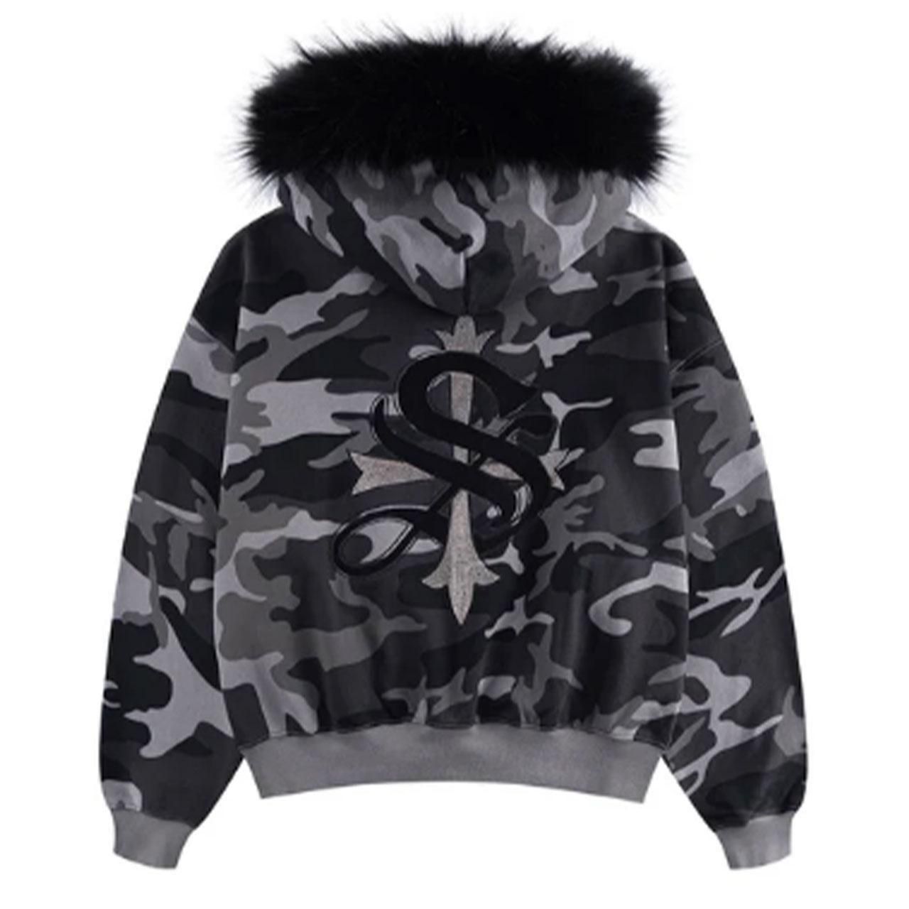 <img class='new_mark_img1' src='https://img.shop-pro.jp/img/new/icons5.gif' style='border:none;display:inline;margin:0px;padding:0px;width:auto;' />SUPPLIER (ץ饤䡼)Camouflage Faux Fur Cross Zip Hoodie Black