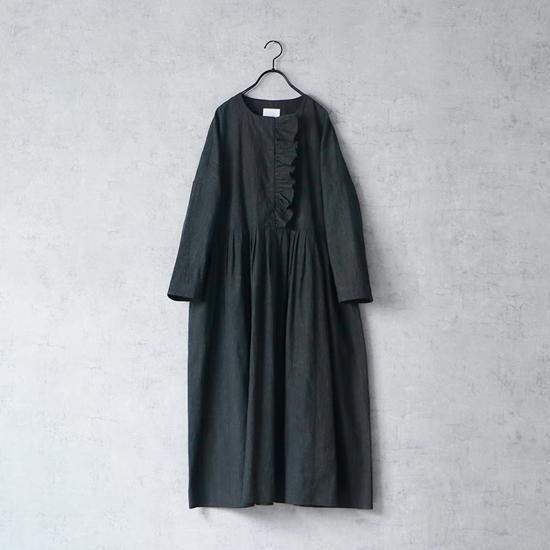 MAGALI 墨染めコットンリネン・フリルワンピース - Maiden Voyage