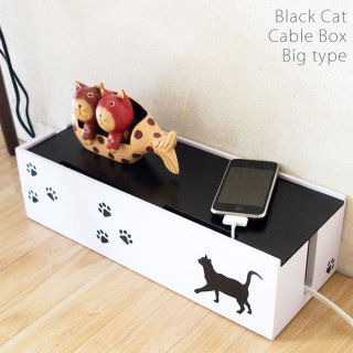 猫のケーブルボックス(コード収納/ケーブル収納) 大 幅40cm 黒猫(ねこ)柄 保護クッション付き 【完成品】