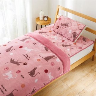 かわいい動物柄のあったか軽寝具4点セット(毛布1枚・敷パッド1枚・枕パッド2枚) ピンクキャット 洗える