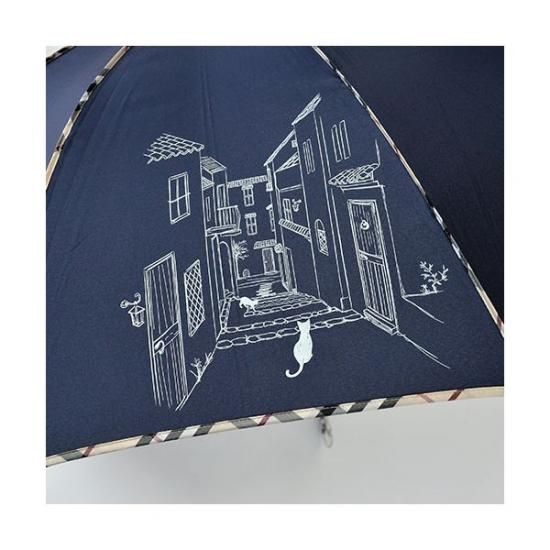 三国 MKN 60cm耐風ジャンプ傘 チェックパイピングと猫 ネイビー