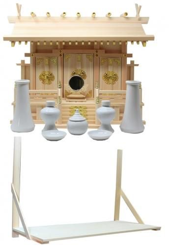 神棚 通し屋根三社 中 神具・神鏡・棚板セット 雲シール付 日本 神棚 通し屋根三社 中 神具・神鏡・棚板セット 雲シール付 日本
