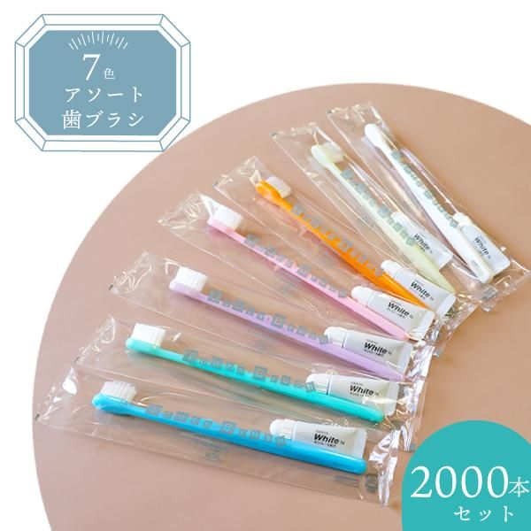 2,000本セット】 7色アソート 使い捨てハブラシセット -歯磨き粉