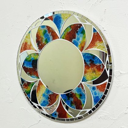 モザイクガラスの壁掛けミラー（ラウンド40�・マルチカラー花柄）