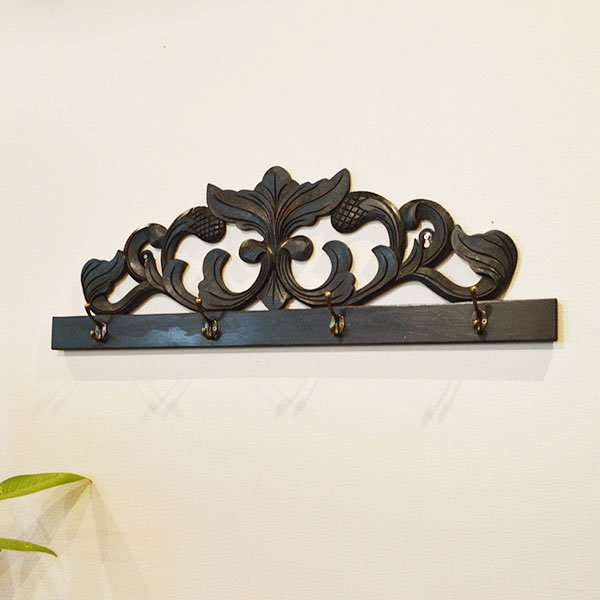 バリ島のレリーフ彫刻ハンガーラックL（75�　4個フック真鍮タイプ）