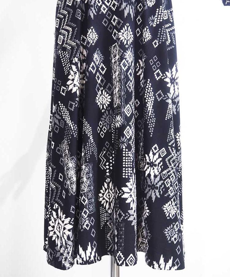 美品【EGERIE】総柄ドレープウエストマーク　ジャージーワンピース　フランス製 フランス EGERIE エジェリ / ジャージー素材 シャツ襟 ミモレ丈