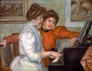 ピアノを弾くイヴォンヌとクリスティーヌ・ルロワ姉妹