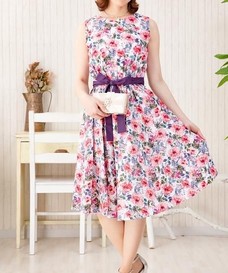 ピンク花柄リボンベルトワンピース - TOPCHIC ピンク花柄リボンベルトワンピース - TOPCHIC