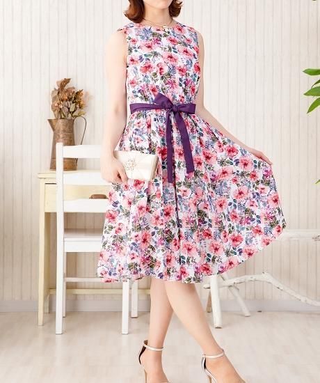 ピンク花柄リボンベルトワンピース - TOPCHIC ピンク花柄リボンベルトワンピース - TOPCHIC